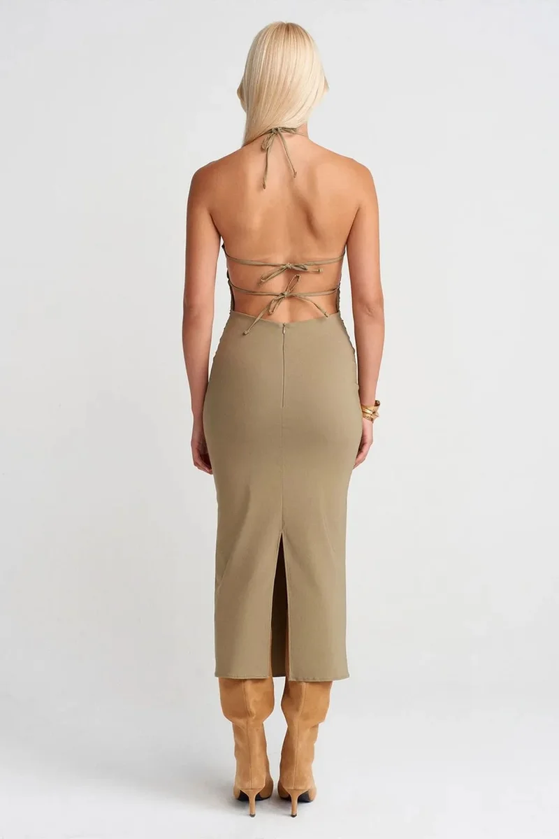 Dilvin Khaki Green DILVIN Halter Neck Bodycon Midi Dress for Women | Best Price UAE