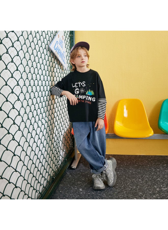 مكد 【مجموعة】 مجموعة ربيعية جديدة للأولاد بأسلوب بريبي للصغار في منتصف العمر وكبار السن: تي شيرت مخطّط بحروف مزيف من قطعتين وجينز - Image 2