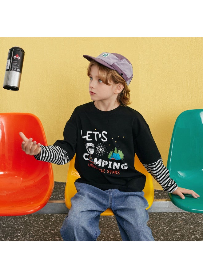 مكد 【مجموعة】 مجموعة ربيعية جديدة للأولاد بأسلوب بريبي للصغار في منتصف العمر وكبار السن: تي شيرت مخطّط بحروف مزيف من قطعتين وجينز - Image 3