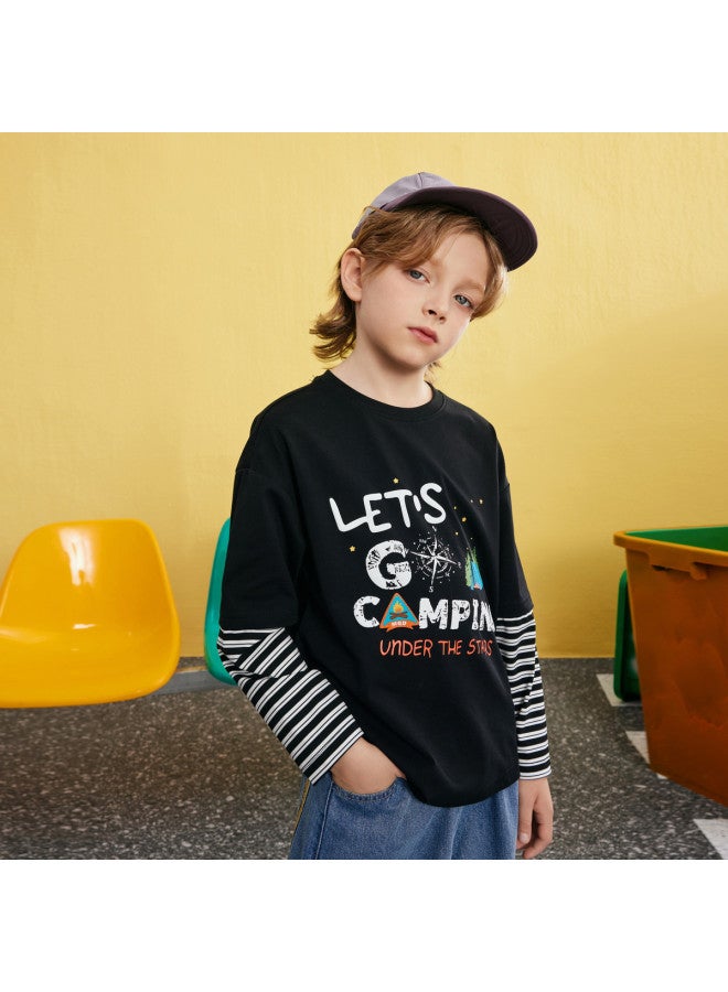 مكد 【مجموعة】 مجموعة ربيعية جديدة للأولاد بأسلوب بريبي للصغار في منتصف العمر وكبار السن: تي شيرت مخطّط بحروف مزيف من قطعتين وجينز - Image 4