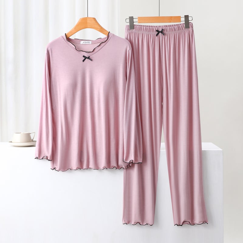 Womens long-sleeved pajamas with chest pad suit spring thin plus size loose T-shirt cropped pants home two-piece set Lotus root starch 