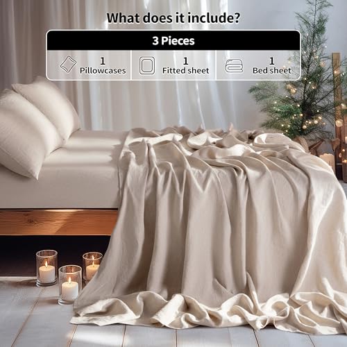 LBRO2M 100 Pure Linen Sheet Set Deep Pocket Up to 16 Bed Sheets Sets Natural Flax Beddings Soft Breathable Comfortable for All Seasons Twin XL Size Linen - Image 3