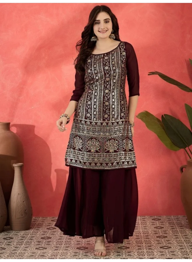 أيه كيه إس Maroon Sequinned Kurta Skirt Set