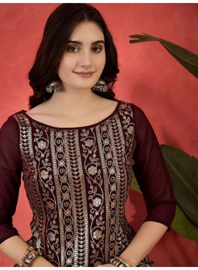 أيه كيه إس Maroon Sequinned Kurta Skirt Set