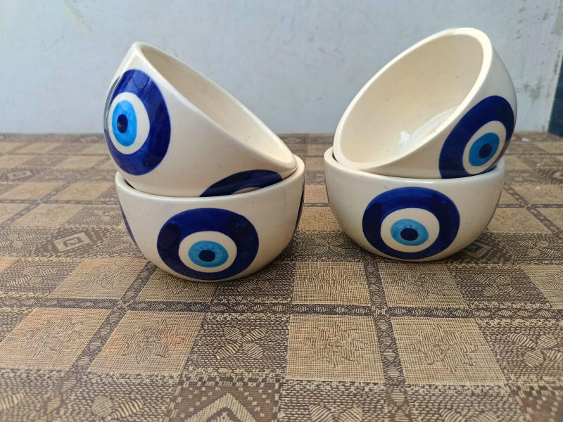 MALAIKAH Ceramic Evil Eye Printed Snack Bowls for Serving Pasta, Noodle, Maggi, Salad Bowl, Mixing Bowl for Snacks, Ideal for Dinnig Table, Set of 4 (200ml) - Image 1
