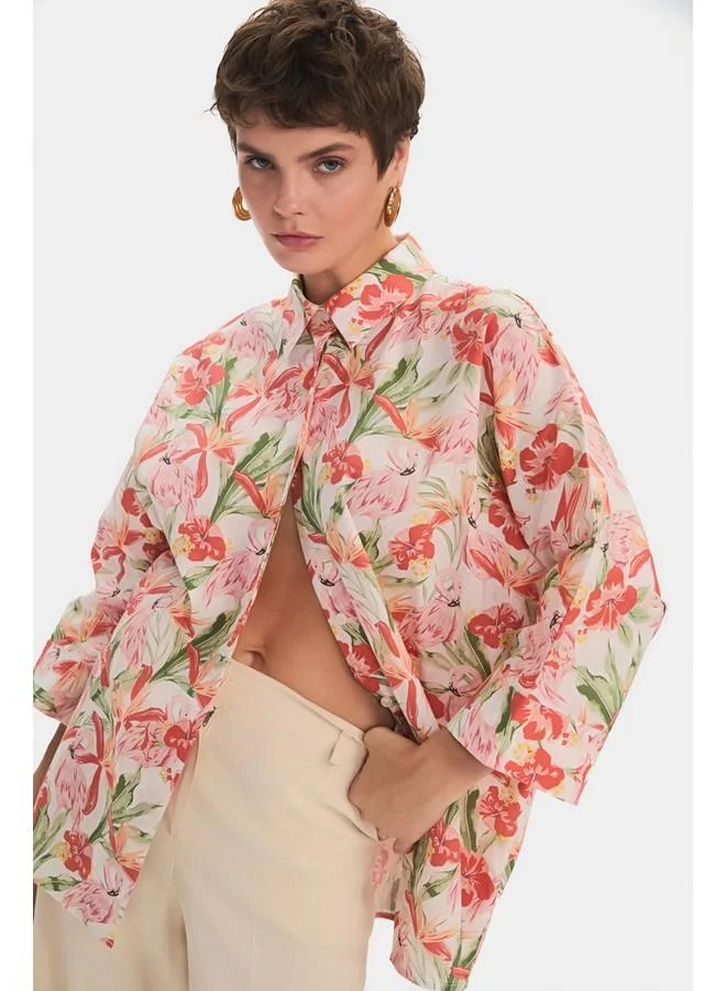 JUNE June Women Exclusive Wide Fit Floral Patterned Cotton Shirt Ecru