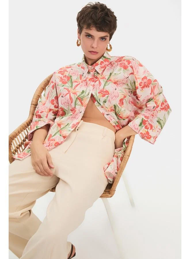 JUNE June Women Exclusive Wide Fit Floral Patterned Cotton Shirt Ecru