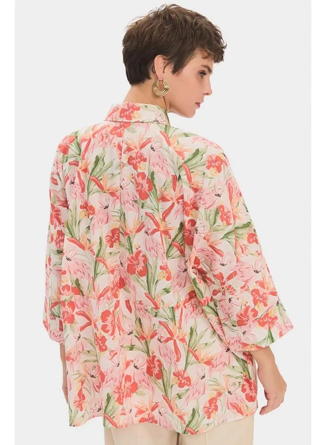 JUNE June Women Exclusive Wide Fit Floral Patterned Cotton Shirt Ecru