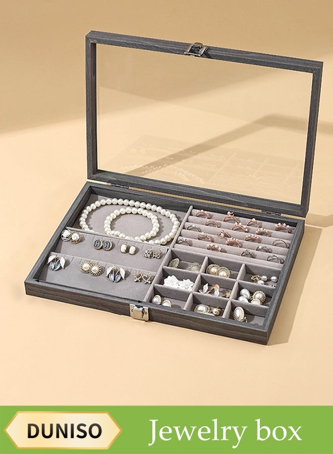 DUNISO Jewelry Tray, Multifunctional Jewelry Storage Box With Dust Cover, Suitable For Rings, Earrings, Studs, Necklaces, Bracelets, Watches, Etc., Jewelry Display Box - Image 1