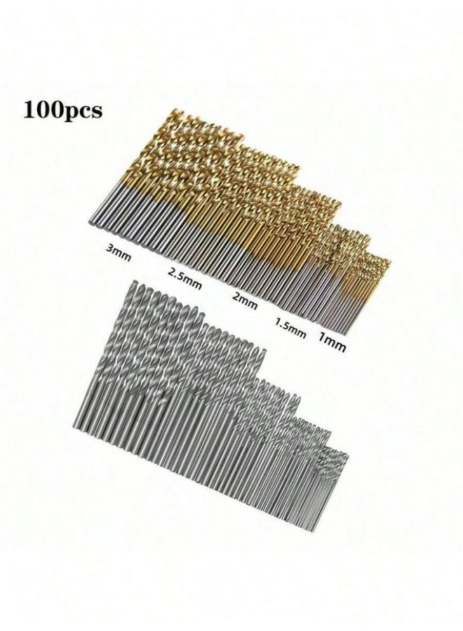 100 small titanium-coated high-speed steel drill bits, suitable for crafts, woodworking, carving, and jewelry making - sizes from 1/25 inch to 1/8 inch, metal cylindrical, twist drill bits for metal, wood, and plastic, simple tools, convenient and practical - Image 1