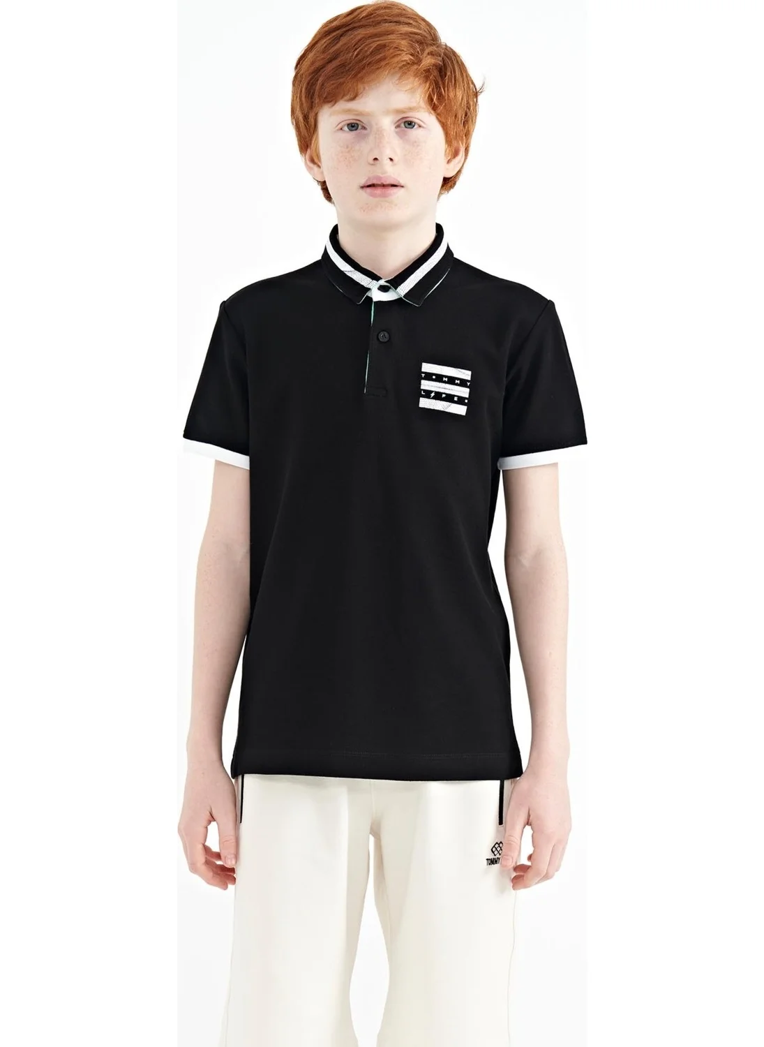 تومي لايف Black Collar Color Block Print Detailed Standard Size Boy T-Shirt - 11111