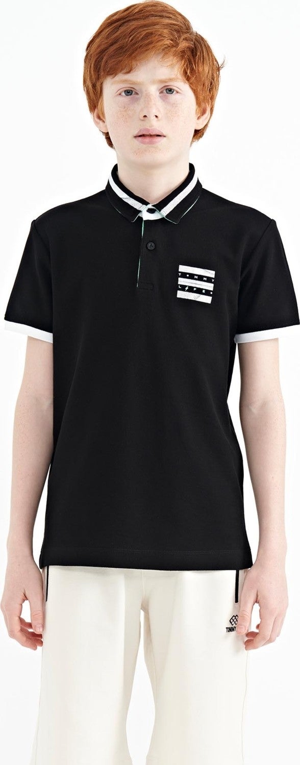 Tommy Life Black Collar Color Block Print Detailed Standard Size Boy T-Shirt - 11111 - Image 1
