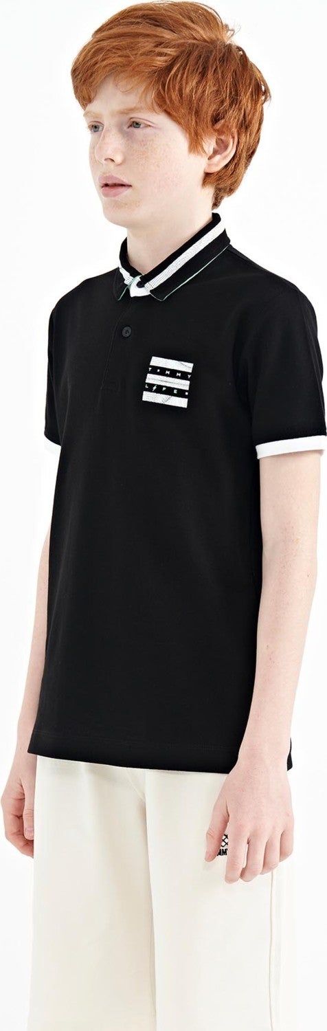Tommy Life Black Collar Color Block Print Detailed Standard Size Boy T-Shirt - 11111 - Image 5