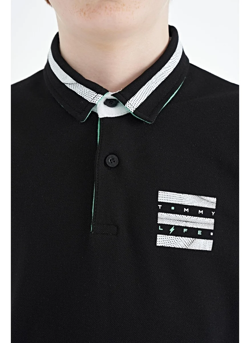 تومي لايف Black Collar Color Block Print Detailed Standard Size Boy T-Shirt - 11111