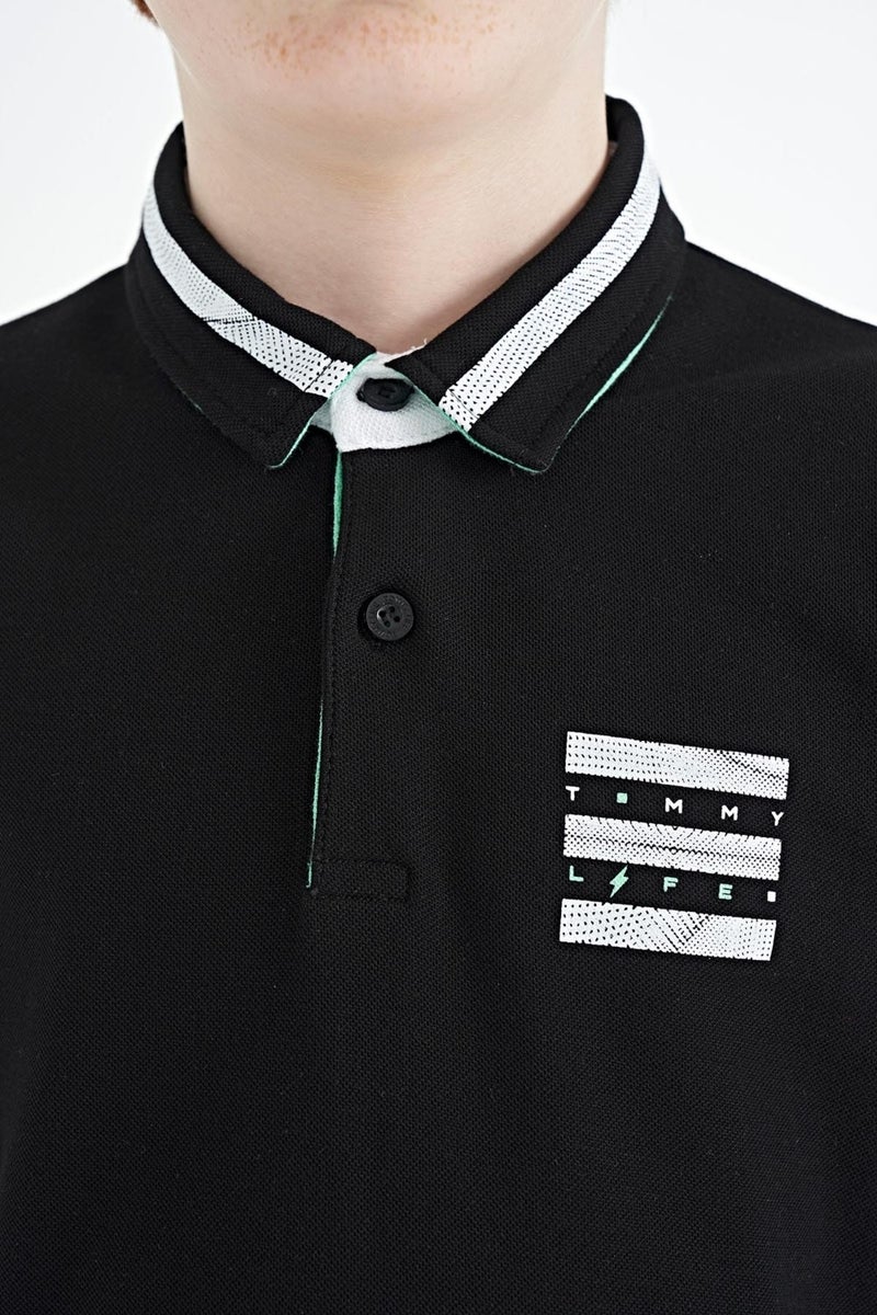 Tommy Life Black Collar Color Block Print Detailed Standard Size Boy T-Shirt - 11111 - Image 2