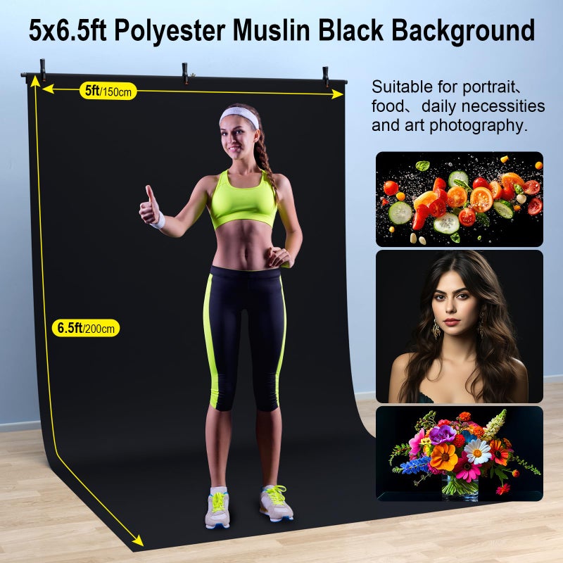 LINCO Lincostore Black Backdrop with Stand 5x6.7ft, Portable Black Photo Backdrop Background with T-Shape Stand, Carry Bag, Spring Clamp for Photography Party Decoration Streaming Video Studio AM317 - Image 2