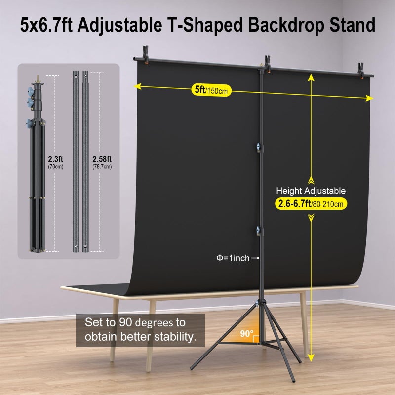 LINCO Lincostore Black Backdrop with Stand 5x6.7ft, Portable Black Photo Backdrop Background with T-Shape Stand, Carry Bag, Spring Clamp for Photography Party Decoration Streaming Video Studio AM317 - Image 3