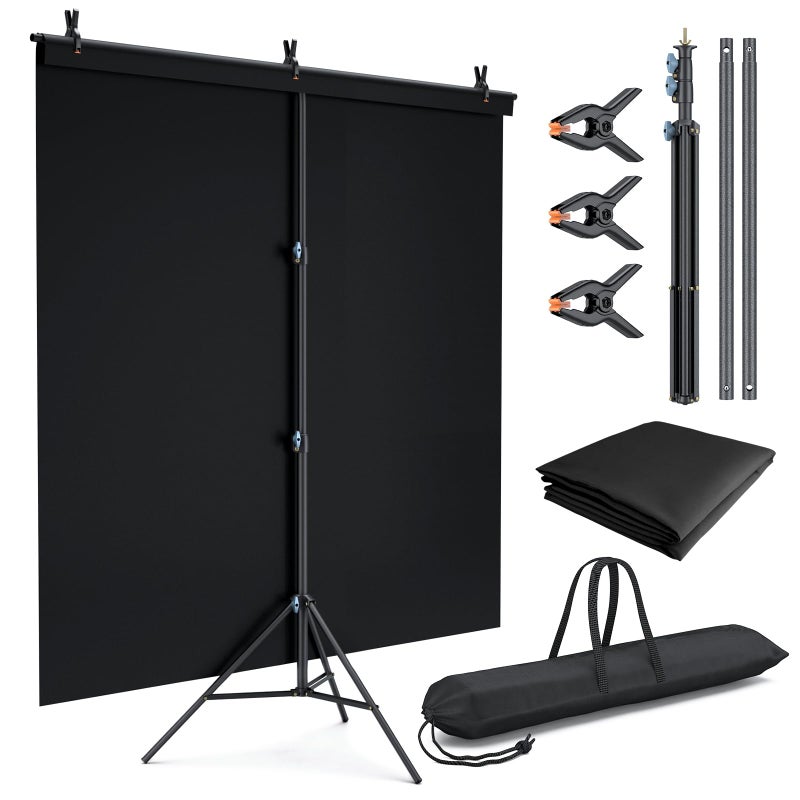 LINCO Lincostore Black Backdrop with Stand 5x6.7ft, Portable Black Photo Backdrop Background with T-Shape Stand, Carry Bag, Spring Clamp for Photography Party Decoration Streaming Video Studio AM317 - Image 1