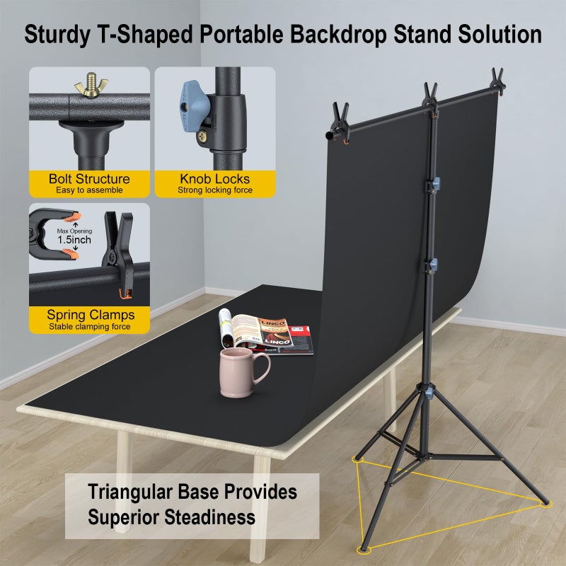 LINCO Lincostore Black Backdrop with Stand 5x6.7ft, Portable Black Photo Backdrop Background with T-Shape Stand, Carry Bag, Spring Clamp for Photography Party Decoration Streaming Video Studio AM317 - Image 5