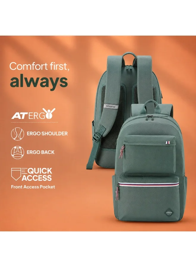 American Tourister Green Riley Laptop Backpack, 28L Capacity, 100% Polyester, Green|Fits 15.6" Laptop|Double Zipper Pocket Opening|Front Storage Compartments|Antimicrobial Treated Lining|Bottle Holder - 1 Year International Warranty  | Best Price UAE