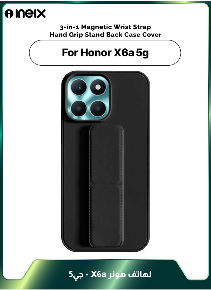 INEIX - 3-in-1 Magnetic Wrist Strap Hand Grip Stand Back Case Cover for Honor X6a-Black - Image 1