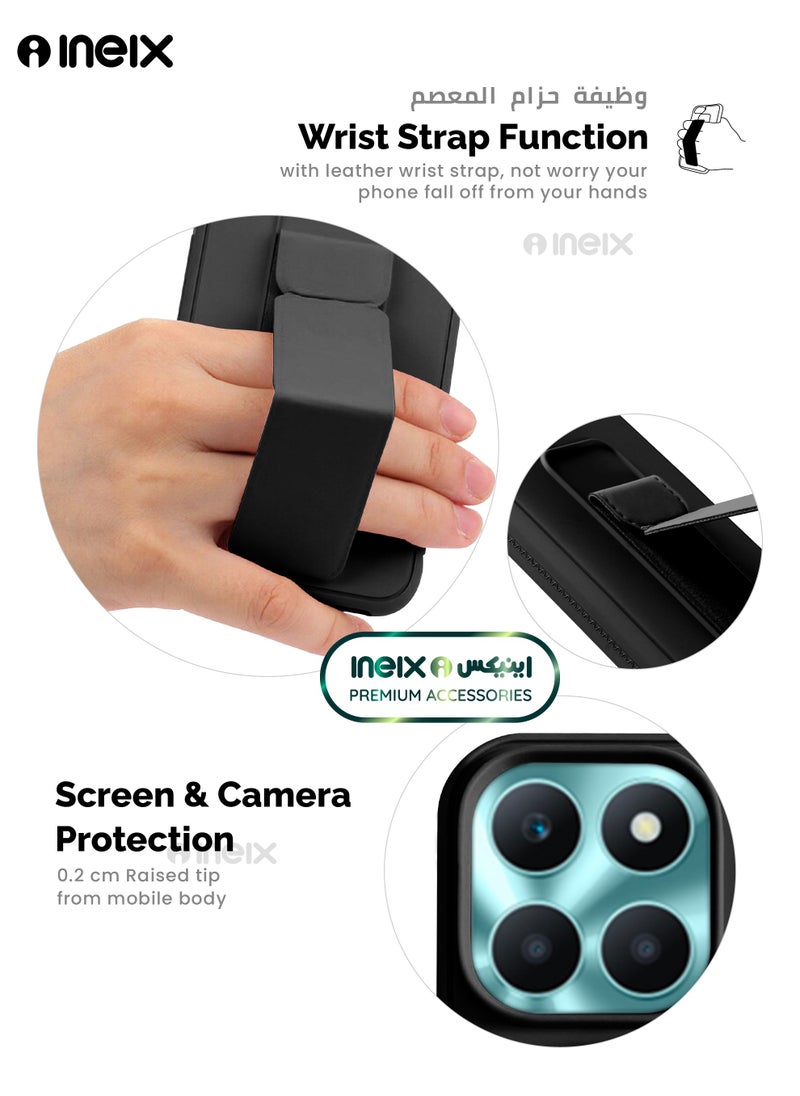 INEIX - 3-in-1 Magnetic Wrist Strap Hand Grip Stand Back Case Cover for Honor X6a-Black - Image 1
