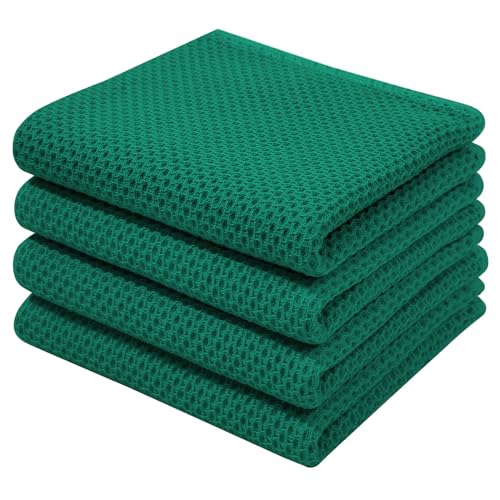 Homaxy 100 Cotton Waffle Weave Kitchen Dish Towels Ultra Soft Absorbent Quick Drying Cleaning Towel 13 x 28 Inches 4Pack Dark Green - Image 1