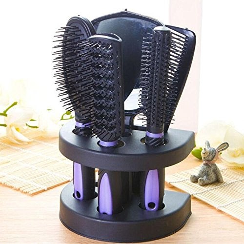 Healthcom 5 Pcs Hair Combs Set Professional Salon Hair Cutting Brushes Sets Salon Hairdressing Styling Tool Mirror And Holder Stand Set Dressing Comb Kits for Women and Men,Purple - Image 1