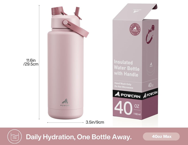powcan زجاجة ماء معزولة POWCAN سعة 40 أونصة مع غطاء قشة وفوهة 2 في 1، تحافظ على البرودة لمدة 24 ساعة، مقاومة للتسرب، خالية من BPA، زجاجة ماء من الفولاذ المقاوم للصدأ مزدوجة الجدار للرياضة، الصالة الرياضية، السفر، والمدرسة (وردي مجفف) - Image 5