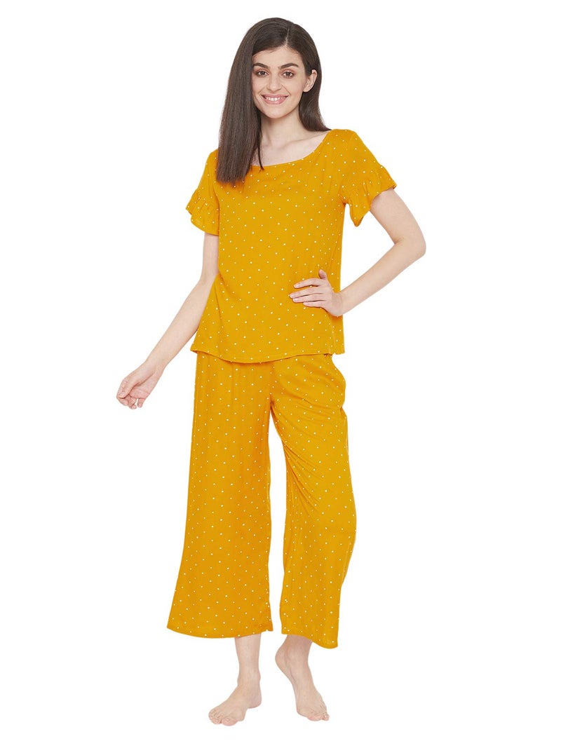Clovia Women's Rayon Polka Print Top & Pyjama Set (LS0534P07_Yellow_M) - Image 1