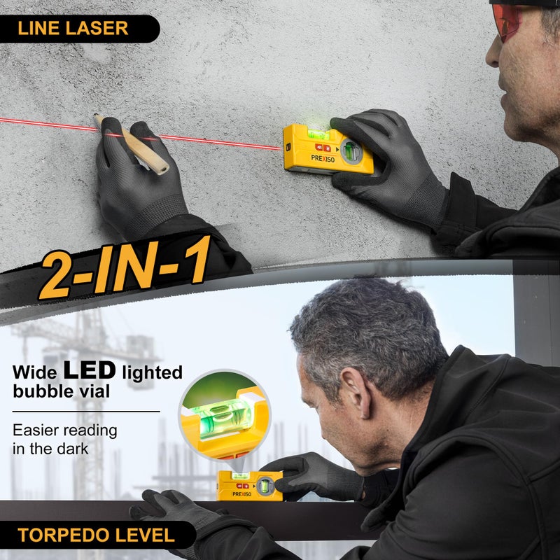 PREXISO 2-in-1 Line Laser Level - Mini Torpedo Level with Light, 3-3/4 inch Rotatable Magnetic Pocket Level & 30Ft Laser Line Leveler Tool for Hanging Picture, Wall Marking Painting, Home Renovation - Image 2