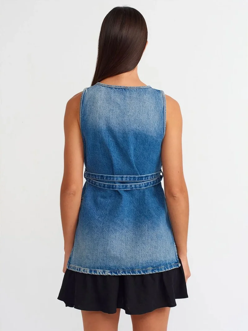 ديلفين DILVIN Cotton Denim Tie-Detail Tunic Blouse