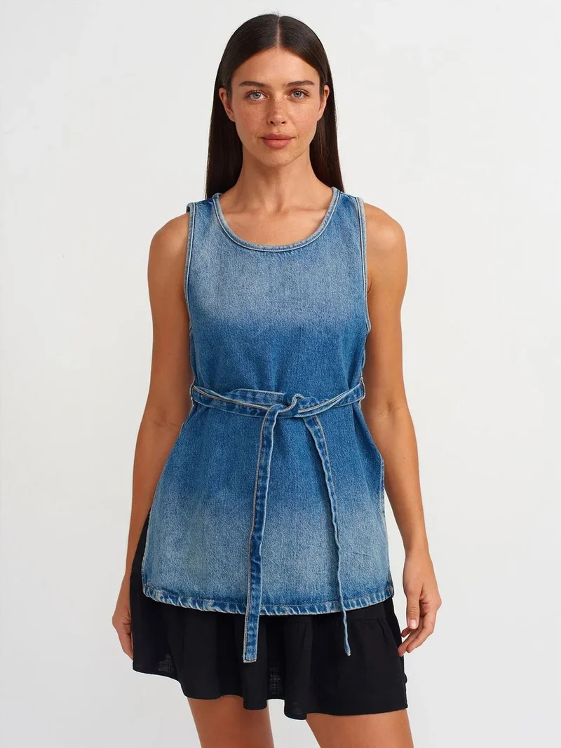 ديلفين DILVIN Cotton Denim Tie-Detail Tunic Blouse