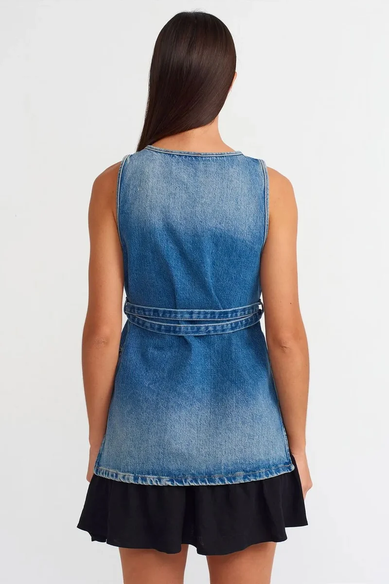 Dilvin Mid Blue Denim DILVIN Cotton Denim Tie-Detail Tunic Blouse for Women | Best Price UAE