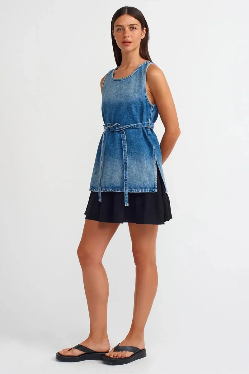 Dilvin Mid Blue Denim DILVIN Cotton Denim Tie-Detail Tunic Blouse for Women | Best Price UAE