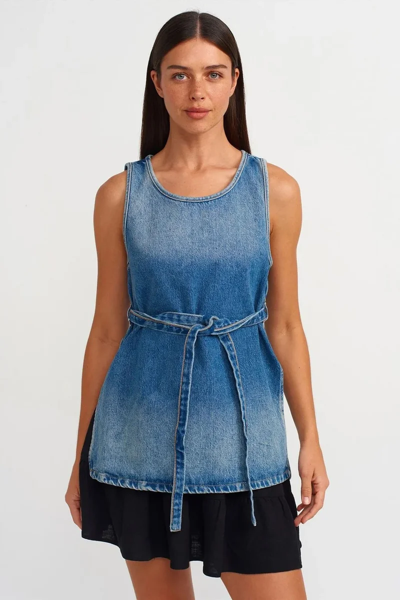 DILVIN Cotton Denim Tie-Detail Tunic Blouse