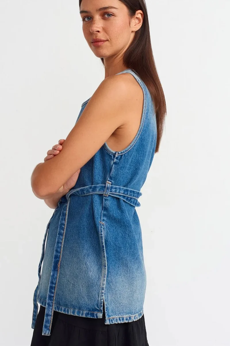 Dilvin Mid Blue Denim DILVIN Cotton Denim Tie-Detail Tunic Blouse for Women | Best Price UAE