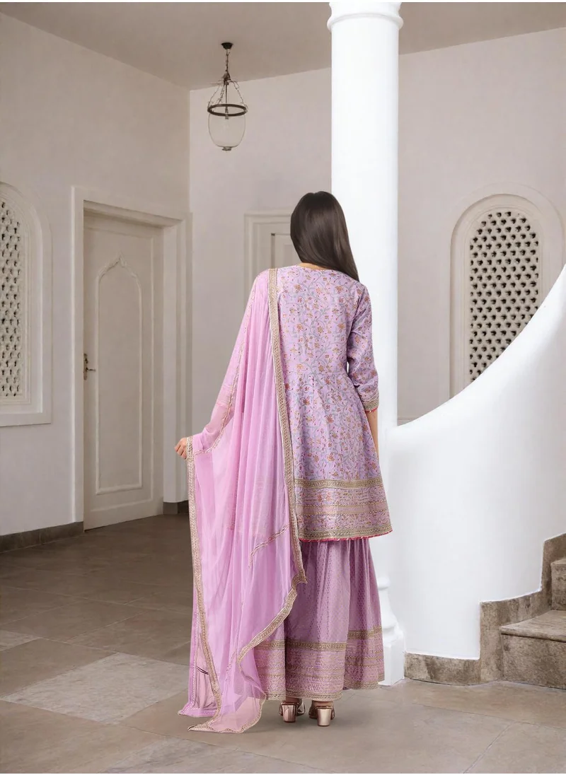 آي شين Women's Lilac Rayon Embellished Tunic Full Length Palazzo Straight Fit Kurta Set