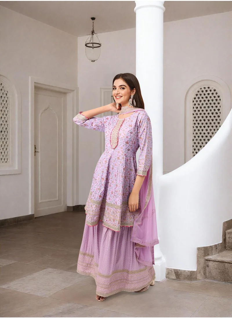 آي شين Women's Lilac Rayon Embellished Tunic Full Length Palazzo Straight Fit Kurta Set