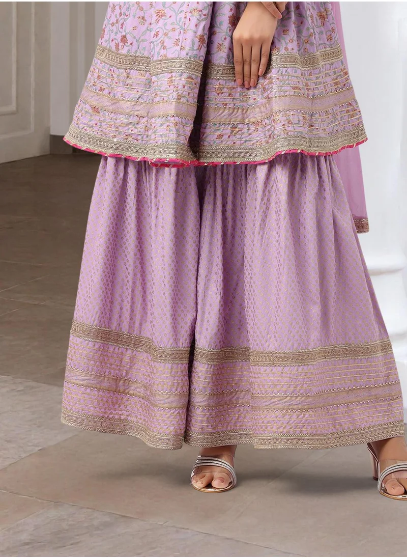 آي شين Women's Lilac Rayon Embellished Tunic Full Length Palazzo Straight Fit Kurta Set