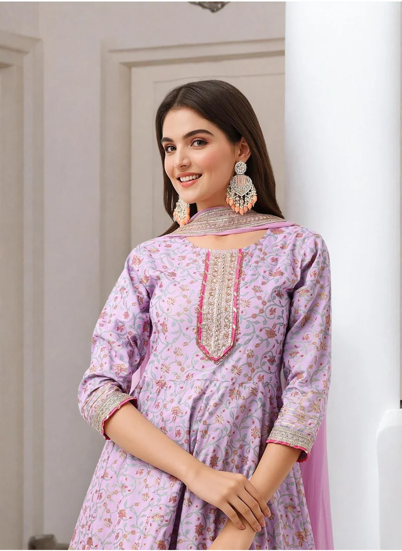 آي شين Women's Lilac Rayon Embellished Tunic Full Length Palazzo Straight Fit Kurta Set