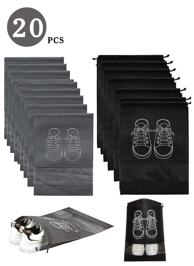 ليمون 20 قطعة من حقائب الأحذية للسفر مع حبل وحقيبة كبيرة لتنظيم الأحذية للرجال والنساء، حقائب شفافة برباط، أسود ورمادي - Image 1