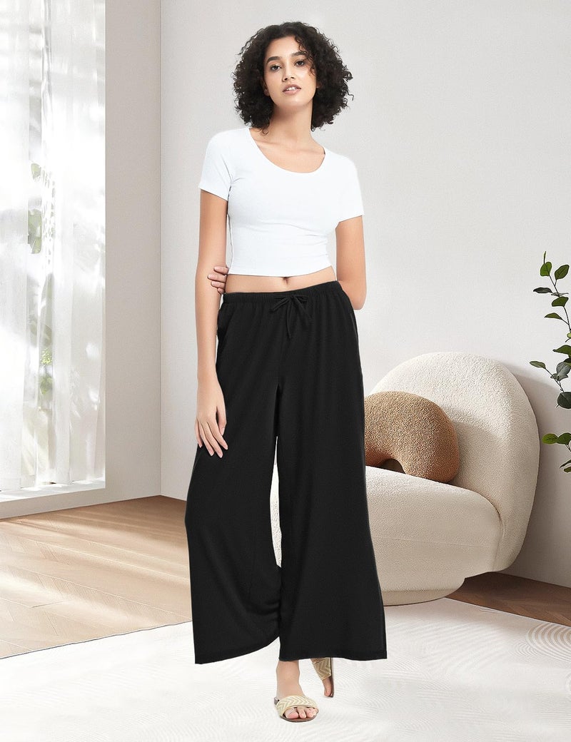 BVVU Womens Wide Leg Yoga Pants Lightweight Travel Pants Quick Dry Lounge Sweatpants Beach Swim Cover Up UPF 50+ Black - Image 2