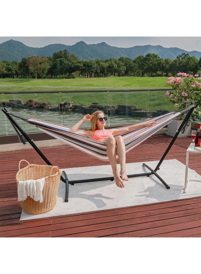 MOMENT Hammock With Stand For Outside, Heavy Duty Space Saving Steel Stand With 450 Lb Capacity, Double Hammock With Portable Carrying Bag, Hamacas Para Adultos For Outdoors, Patio, Garden, Yard  - Image 3
