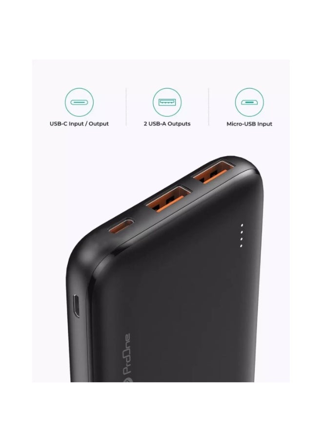 ProOne PPB5115 10000mAh Portable Power Bank, 22.5W Fast Charging with USB-A & USB-C Ports, Slim Polymer Battery with Micro Input