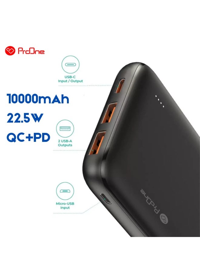 ProOne PPB5115 10000mAh Portable Power Bank, 22.5W Fast Charging with USB-A & USB-C Ports, Slim Polymer Battery with Micro Input