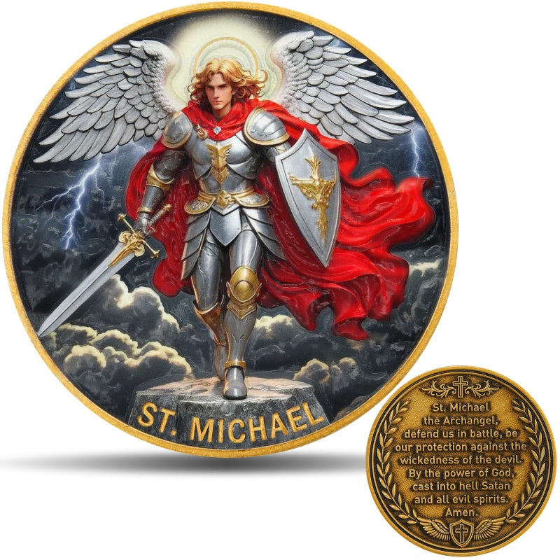 Leabet St Michael The Archangel Challenge Coin 3D Dual Side Prayer Coin with Colored Image 1574 Inch Zinc Alloy Military Coin for Collectors Catholic Gifts and Spiritual Protection - Image 3