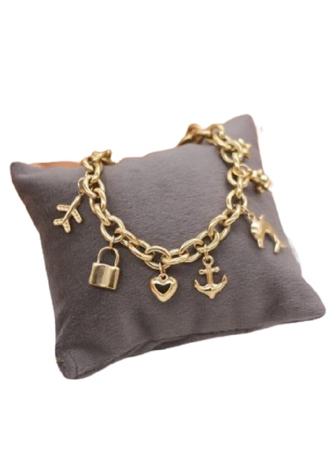 MANIKAN Charm Bracelet with Lock, Heart, Anchor and Travel Charms, Gold-Tone Stainless Steel 