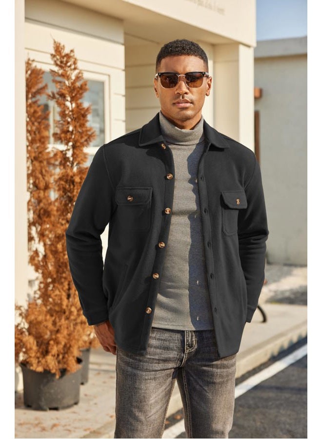 COOFANDY Men's Polar Fleece Shacket Long Sleeve Casual Button Down Shirt Jacket with Pockets, Black, M - Image 2