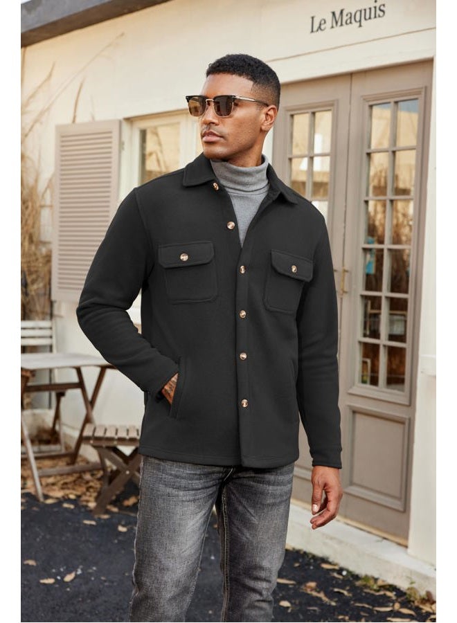 COOFANDY Men's Polar Fleece Shacket Long Sleeve Casual Button Down Shirt Jacket with Pockets, Black, M - Image 3